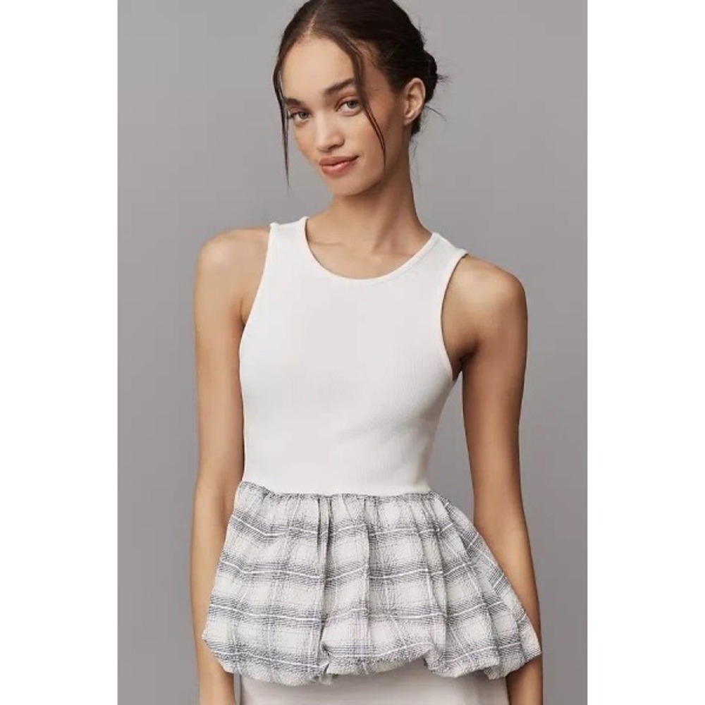 Maeve Bubble Peplum Tank Top M Plaid Mixed Media Preppy Coastal Coquette Girly‎